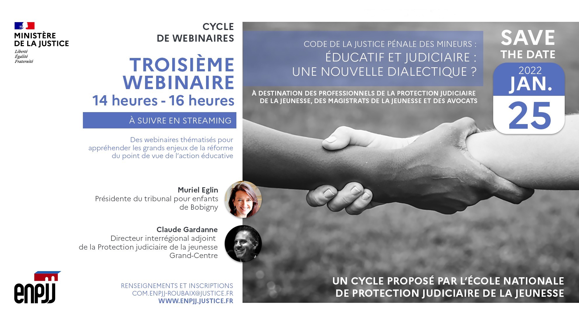 Le 25 janvier 2022, le 3ème webinaire thématique du cycle consacré au Code de la justice pénale des mineurs (CJPM) de l'École nationale de protection judiciaire de la jeunesse (ENPJJ) interrogera la dialectique entre l'éducatif et le judiciaire. Le 25 janvier 2022, le 3ème webinaire thématique du cycle consacré au Code de la justice pénale des mineurs (CJPM) de l'École nationale de protection judiciaire de la jeunesse (ENPJJ) interrogera la dialectique entre l'éducatif et le judiciaire.