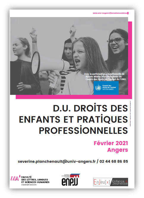 L’École nationale de protection judiciaire de la jeunesse (ENPJJ) finance 5 places pour les professionnels de la Protection judiciaire de la jeunesse (PJJ) au diplôme universitaire « Droits des enfants et pratiques professionnelles », créé en partenariat avec l’Université d’Angers. Inscriptions ouvertes jusqu’au 8 décembre 2020. 